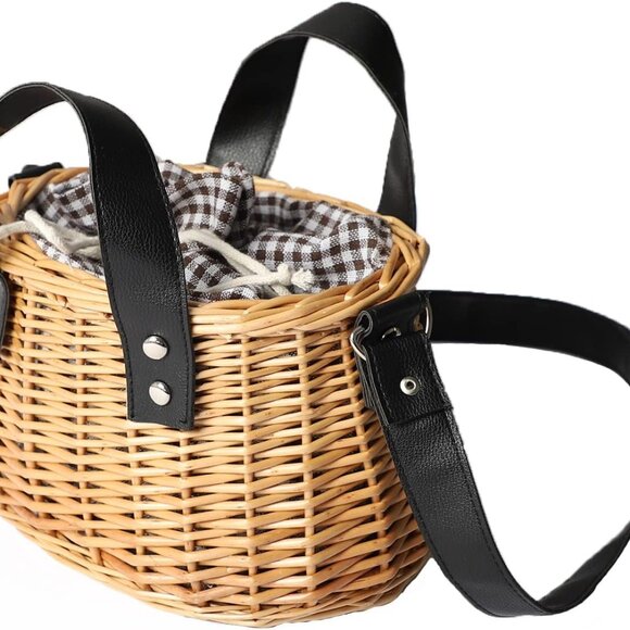 Wicker Tote Bag Women Straw Handwoven Rattan Summer Beach Shopper - Picture 1 of 6